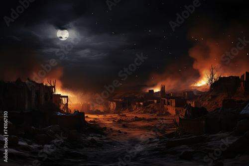 Fire in a desert settlement. Burning buildings of nomads. Generated by artificial intelligence