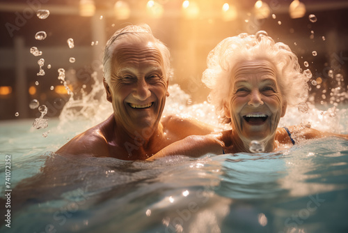 Portrait of smiling senior couple relaxing in swimming pool at spa center