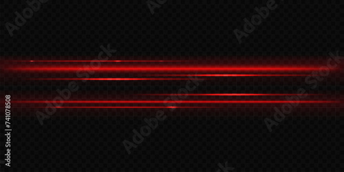Vector illustration of red laser beams. Neon scanner lights isolated on transparent black backdrop
