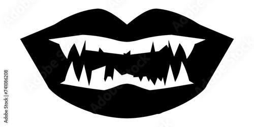 Black vampire lips. Vampire teeth illustration for halloween. Vector isolated on white background.