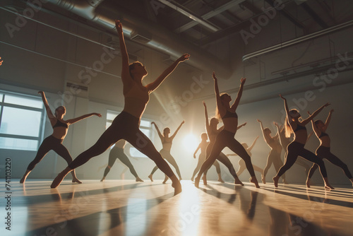 Contemporary Dance in a Studio, modern dance by a group of elegant women choreographed against the backlighting of windows
