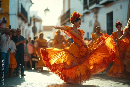 Spanish Flamenco Dance, urban spectacle of Andalusian women lifting their orange skirts for the show of people enjoying
