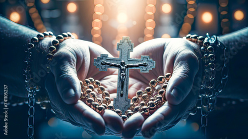 Unrecognizable adult male hands holding a Christian rosary with Jesus Christ's cross in a religious sanctuary.
