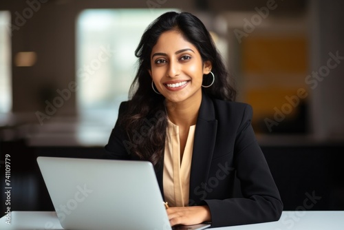 Happy young Indian business woman sitting at desk with laptop Professional online teacher coach in Smile School Advertise virtual student classes Teach a webinar on distance education. Portrait. 
