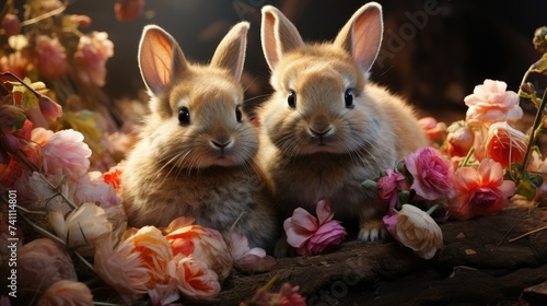 Two rabbits with long ears and whiskers sit on a branch amongst flowers