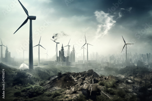 a polluted city contrasted with a ruined wind turbine