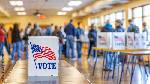 Vote booth at a busy polling station, USA Election Day, wide, copyspace, blurred background