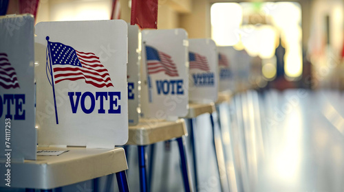 Line of voting privacy booths at an empty polling station, USA Election Day, copyspace