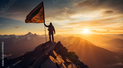 Triumphant Goal Achievement: Man Conquering Mountain Peak Symbolizing Success