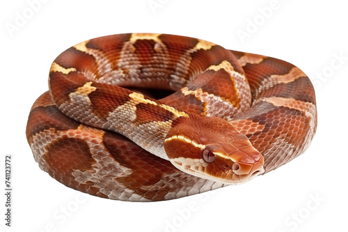 A coiled corn snake with brown, orange, png stock photo file cut out and isolated on a transparent and white background