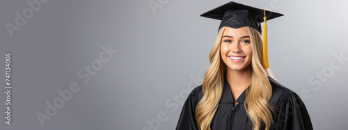A smiling woman in graduation attire represents a successful European university alumni highlighting education, study, and business success. Ai generative illustration