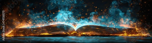 Magical book with fiery and mystical blue essence