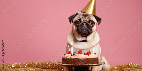 An adorable pug wearing a golden birthday cap sits next to a delicious cake, ready to celebrate. The image captures the festive spirit and the pug’s endearing charm against a vibrant pink backdrop.