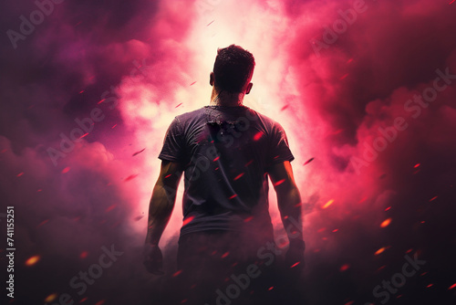 Strong man surrounded by red pink smoke and falling debris back view