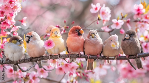 春のお花見：桜の満開の中で喜ぶ動物たちの祝祭(鳥)