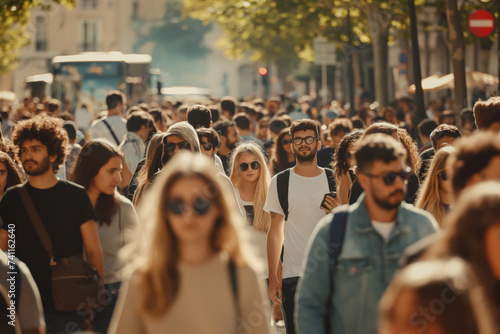 Large crowd of people walk along the city sidewalk in the summertime