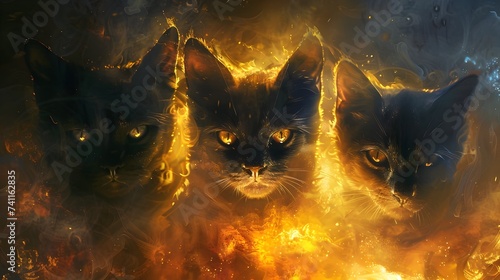 Three Fearless Feline Felons Roaming in a Fiery Realistic Fantasy Artwork