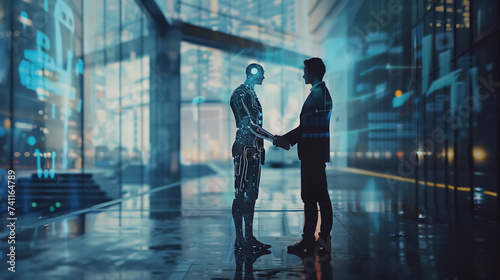 A businessman and AI humanoid handshake for cooperation in the futuristic world.