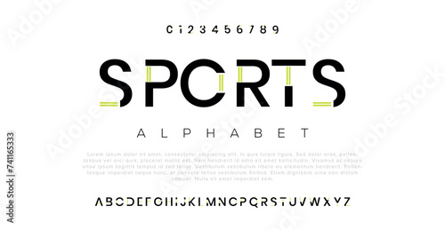 Sports Round modern alphabet. Dropped stunning font, type for futuristic logo, headline, creative lettering and maxi typography. Minimal style letters with yellow spot. Vector typographic design