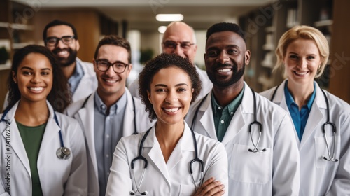 A group of doctors of different nationalities and genders looks at the camera while standing