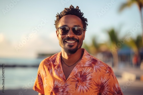 Happy african american man in vacation. Smiling face portrait of a black guy in the summer resort. Man in hawaiian shirt look at camera