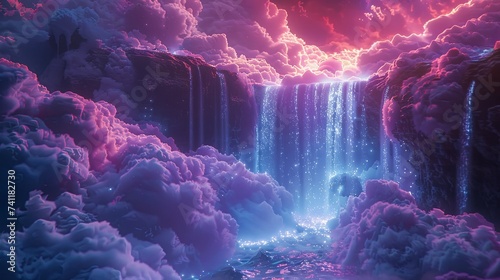 An ethereal scene where a celestial waterfall cascades into a cosmic abyss, surrounded by clouds illuminated by an otherworldly glow.