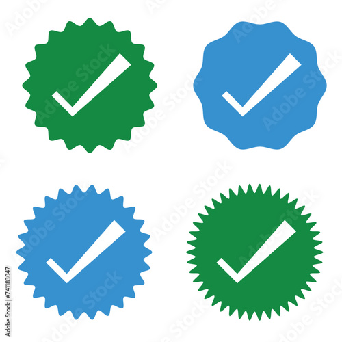 Social media account verification icons. Verified badge profile set on white artboard.