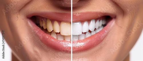 Teeth cleaning and whitening before and after comparison side by side with an empty space for text or product, Generative AI..
