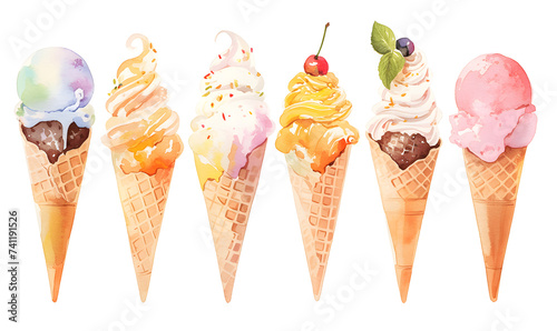 collection of ice cream cone, soft watercolor painting style,Generative AI
