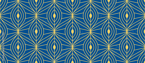Retro art deco blue and gold seamless pattern. Repeated golden leaf, feather or eye motif. Vintage decorative texture for wallpaper, textile, fabric, print swatch. Vector elegant ornament backdrop