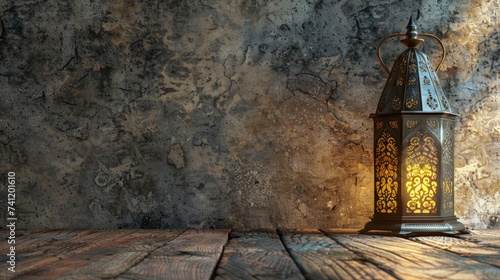 Ramadan concept. Close-up date in foreground. Ramadan Lantern on wooden table. Textured wall background. Space for text on the right - Eid Ul Fitr - generative ai