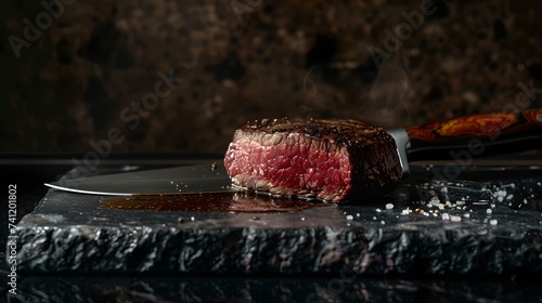 Succulent medium rare steak sliced on dark stone board. gourmet cuisine and fine dining. steakhouse dish representation. dark, moody food photography style. AI