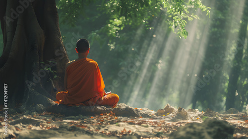 Buddhist monk in meditation beside a tree in the jungle