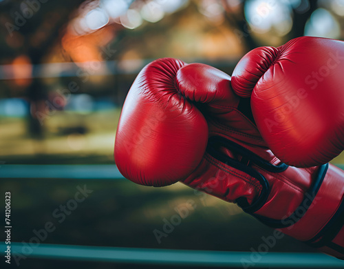 Closeup shot of red boxing gloves with a blurred background, conveying a powerful boxing concept and the intensity of the sport