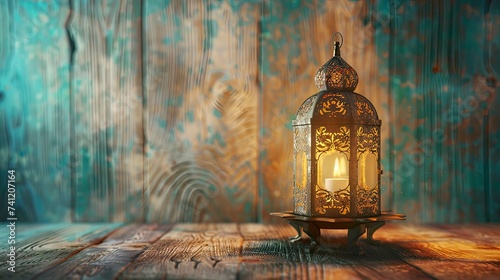 Ramadan concept. Close-up date in foreground. Ramadan Lantern on wooden table. Textured wall background. Space for text on the right - Eid Ul Fitr - generative ai