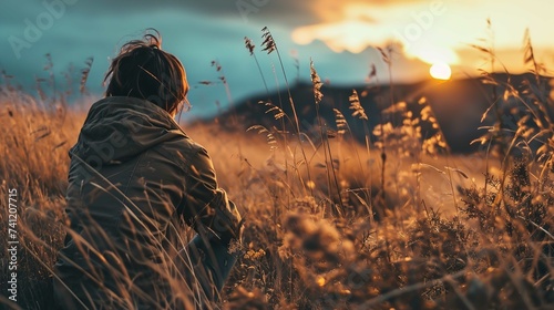 A person is seen from behind, sitting amidst tall grass that has been illuminated by the warm, golden tones of a sunset. The grass is slightly swaying, suggesting a gentle breeze. The person is dresse