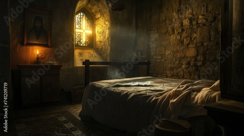 Hermit cell in monastery with cross on wall.
