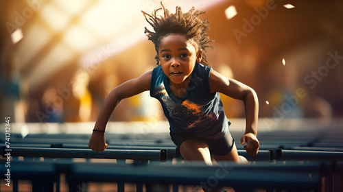 A little black boy jumping over a hurdle,