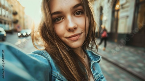 A woman taking a selfie on a city street