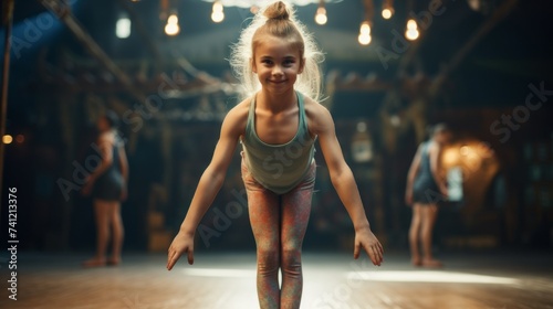A smiling little gymnast girl trains, performs acrobatic exercises in the gym. Sports, Children, Fitness, Health, Active lifestyle, Yoga concepts.