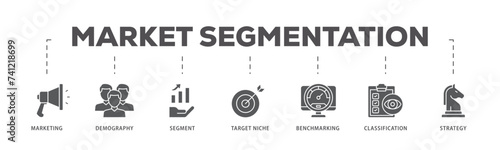 Market segmentation icons process flow web banner illustration of marketing, demography, segment, target niche, benchmarking, classification, strategy icon live stroke and easy to edit 