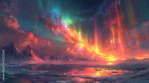 Turquoise aurora above an icy landscape the celestial lights mingling with rainbows reflected on the ice
