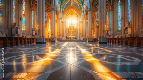 sunlit aisle of an empty church with ornate architecture, leading to an altar with religious statues and stained glass windows