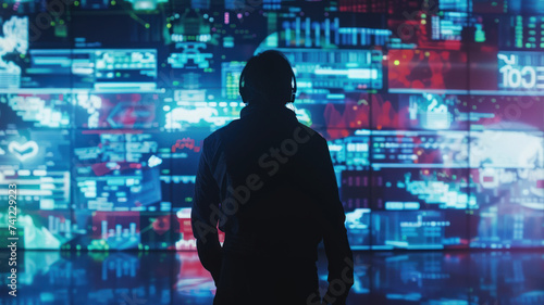Cyber Crime scene in neon lit future city hacker silhouette against giant screens digital chaos unfolding