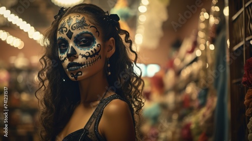 A vision of horror and beauty-a girl with sugar skull style makeup at the Mardi Gras festival, celebrating in eerie glamour.