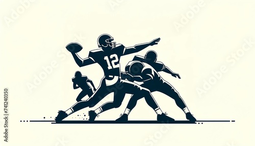 Silhouette of a quarterback throwing a football during a game with teammates in defensive positions around him, rendered in a minimalist black and white style.Sport concept.AI generated.