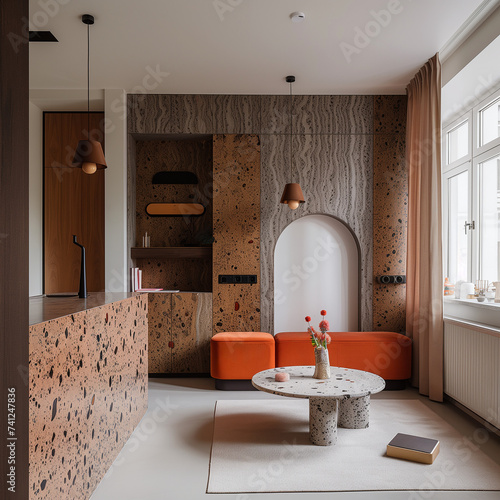 intérieur, déco dans le style années 70, 70s, avec des matériaux vintage, marron, orange, du formica, des tissus velours, du moucheté, 