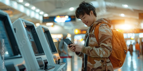 A Happy Traveler Uses a Self-Service Kiosk at the Airport to Check-in with a Smartphone for a Seamless Journey, Generative AI
