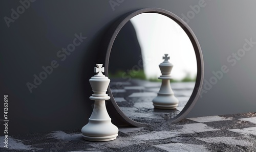 3d render, chess game white pawn piece stands in front of the round mirror where white king reflects. Contradiction metaphor. Perceptual distortion concept. Minimalist, Generative AI