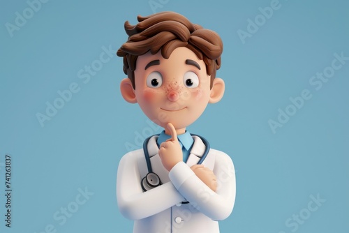 3d render. Doctor cartoon character wearing stethoscope, looking at camera and thinking. Clip art isolated on blue background. Professional consultation. Medical, Generative AI